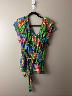 NWT Lauren Ralph Lauren Tropical Floral Ruffle Wrap Top XL